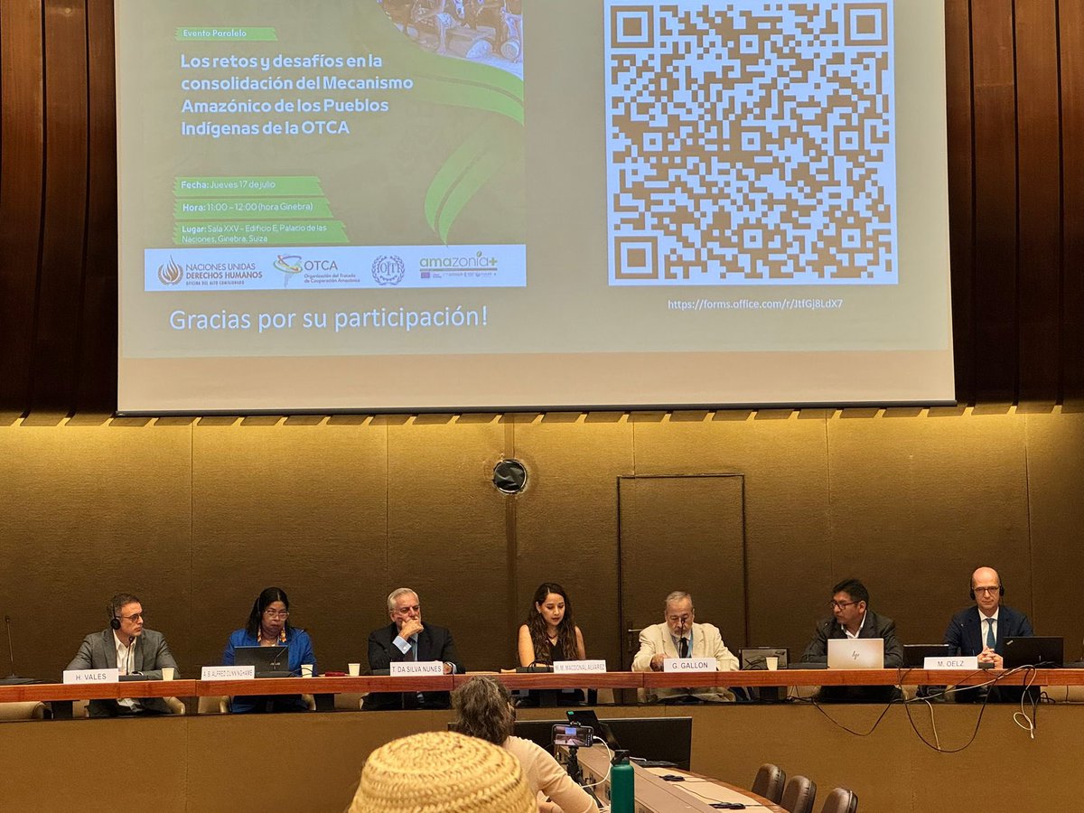 Durante el 18 período de Sesiones del #EMRIP realizamos el evento paralelo sobre “Los retos y desafíos en la consolidación del Mecanismo Amazónico de los Pueblos Indígenas de la #OTCA” 
Fue un oportunidad para compartir los 
avances del proceso de construcción del Mecanismo, así