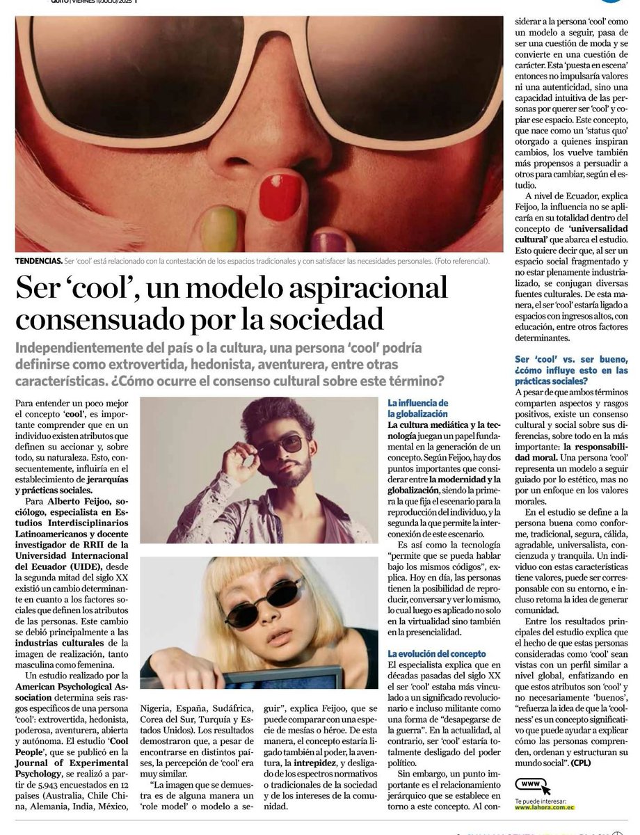 UIDE (@uide) on Twitter photo 😎 #UIDEtoday | Ser ‘#cool’ es más que una moda: es un modelo aspiracional global. Según Alberto Feijoo, docente de nuestra Escuela de Ciencias Políticas y Relaciones Internacionales, este concepto refleja cómo la sociedad valora lo #estético sobre lo #moral.
👇🏻<a href="/lahoraecuador/">La Hora Ecuador</a>. 😎 #UIDEtoday | Ser ‘#cool’ es más que una moda: es un modelo aspiracional global. Según Alberto Feijoo, docente de nuestra Escuela de Ciencias Políticas y Relaciones Internacionales, este concepto refleja cómo la sociedad valora lo #estético sobre lo #moral.
👇🏻<a href="/lahoraecuador/">La Hora Ecuador</a>.