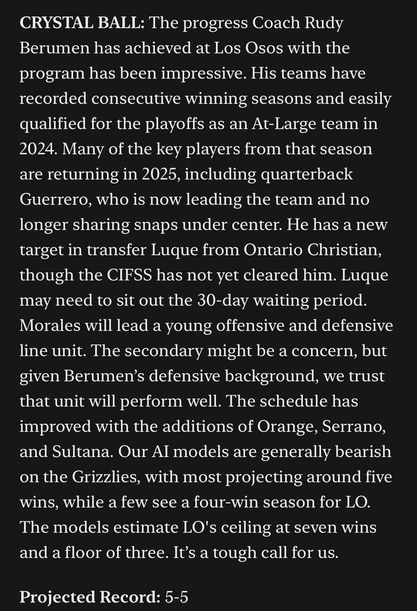 Always thankful for the write ups but I am definitely not siding with the “AI” here, I guarantee a record above .500, Isaiah Guerrero will be leading a HIGH POWERED OFFENSE that’s will feature arguably one of the best WR cores in the IE which features a crazy amount of
