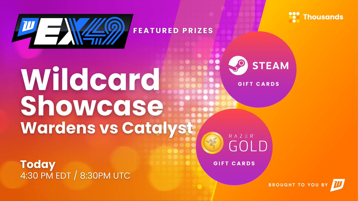 The battlefield is set: <a href="/TheWardensGC/">The Wardens</a> 🔵 vs <a href="/TheCatalystOG/">Catalyst</a> 🔴

EX49 is going live with nonstop <a href="/PlayWildcard/">WILDCARD | Wishlist on Steam</a> action.

Who will win between these two gaming guilds?

Tune in &amp; Rally live | Only on Thousands.tv