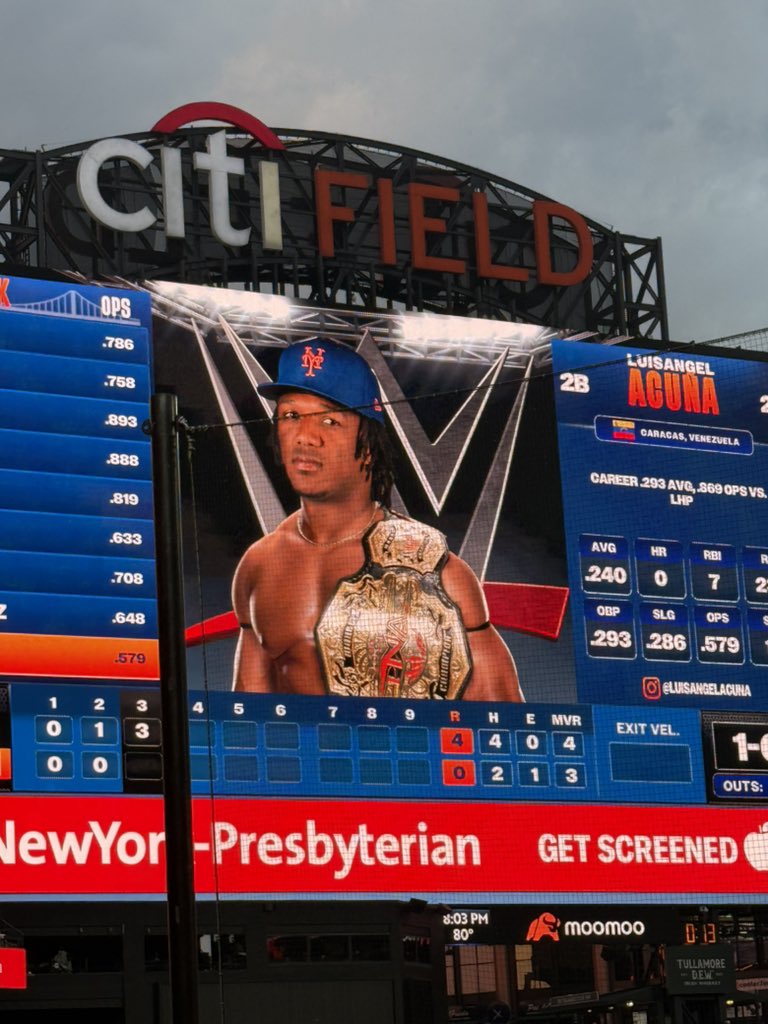 wyshynski's tweet image. It’s WWE night at the @Mets game. Congrats to whoever correctly made Luisangel Acuña a TNA wrestler.