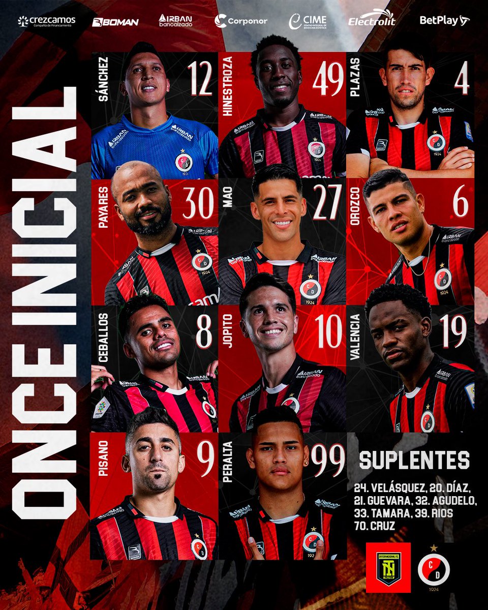 Este será nuestro once inicial para enfrentar a Inter de Palmira, por la fecha 2️⃣ del Torneo Betplay - II ♥️🖤

¡Vamos Rojinegro! 🏹

#IntVsCúc