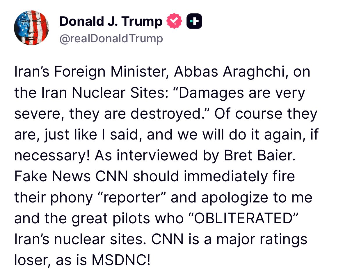 townhallcom's tweet image. 🚨 POTUS calls out the liberal media for downplaying the destruction of Iran’s nuclear sites:
“Iran’s Foreign Minister, Abbas Araghchi, on the Iran Nuclear Sites: “Damages are very severe, they are destroyed.” Of course they are, just like I said, and we will do it again, if…
