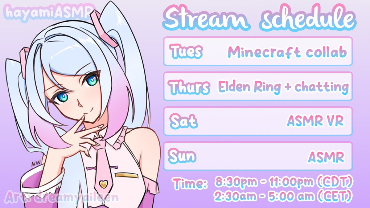 HayamiASMR's tweet image. Stream schedule for this week!! ๐ฅฐ Minecraft, more Elden Ring and a cozy ASMR weekend!! See you there โค๏ธ
All my links: hayamiasmr.carrd.co
๐จ #hayamiart ๐ #hayamiasmr