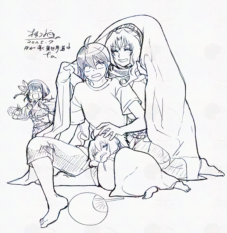 KotoraEX's tweet image. 筋トレ報告1827日目　若も一緒に寝ましょう～って囲ってくる巴と若様うしろうしろ