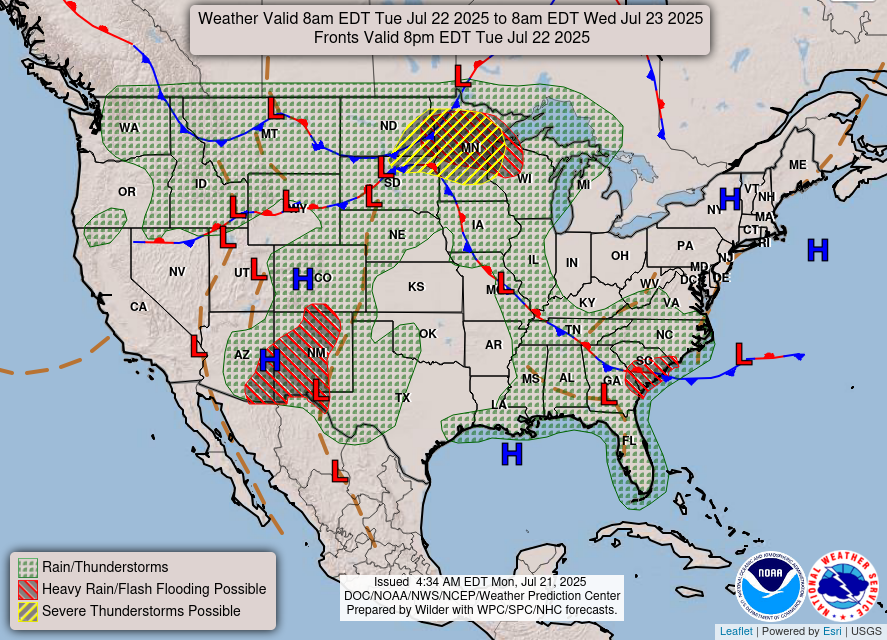 NWS's tweet image. Scattered severe thunderstorms are expected over parts of the northern Plains into the upper Mississippi Valley Tuesday, with damaging winds and large hail as the primary threats.
Heavy to excessive rainfall could lead to areas of flooding across the northern Plains, Upper…