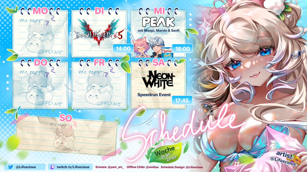 Lifoxcious's tweet image. 🌱 Streamplan 21.07.- 27.07. 🌱
🤍 DI ➜ Devil May Cry 5
🤍 MI ➜ Peak mit @MissMoep @CrenoxMarvin & Senfi
🤍 SA ➜ Neon White Speedrun
Ich fühle mich besser und möchte mich langsam wieder ans Streamen herantasten! Daher gibt es Gaming und Collabs ✨