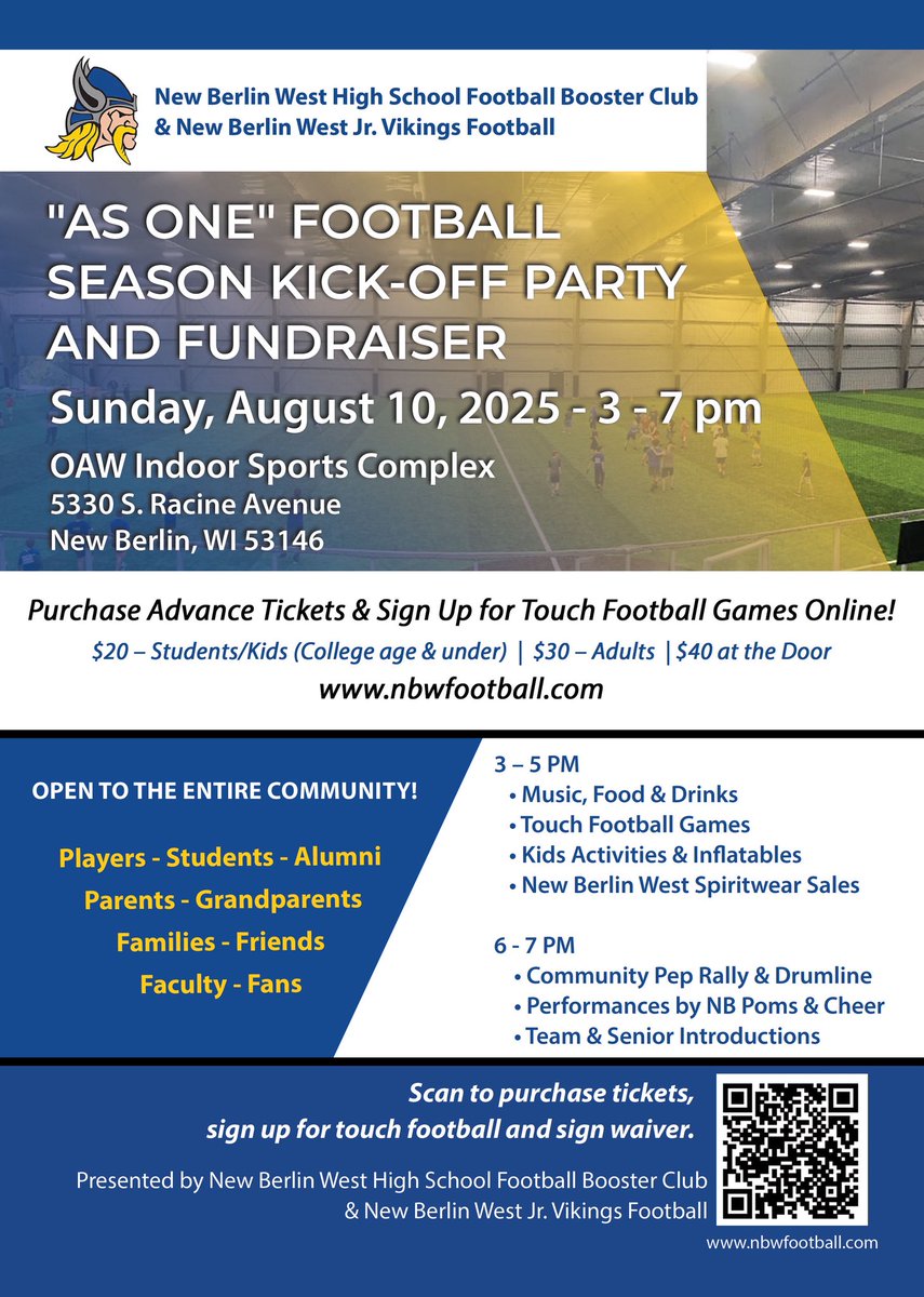 Viking Football (@nbwfootball) on Twitter photo This year’s As One Kickoff Party.  Get your tickets today! This year’s As One Kickoff Party.  Get your tickets today!