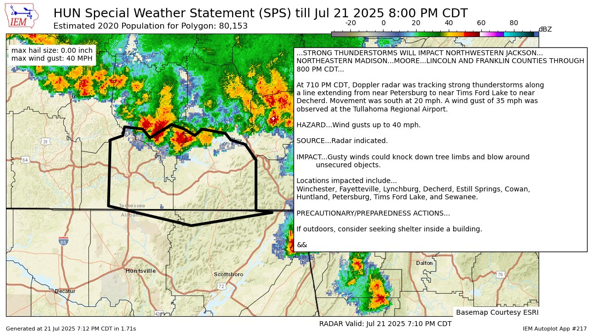 STRONG THUNDERSTORMS WILL IMPACT NORTHWESTERN JACKSON [wind: 40 MPH, hail: 0.00 IN] for Jackson, Madison [AL] and Franklin, Lincoln, Moore [TN] till 8:00 PM CDT mesonet.agron.iastate.edu/p.php?pid=2025…