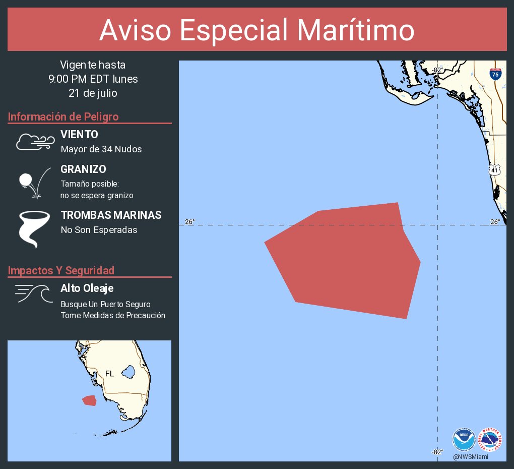 NWSMiami's tweet image. Aviso Especial Marítimo incluye Aguas costeras desde Chokoloskee hasta Playa Bonita desde 20 hasta 60 MN y Aguas costeras desde Chokoloskee hasta Playa Bonita hasta 20 MN hasta las 9:00 PM EDT