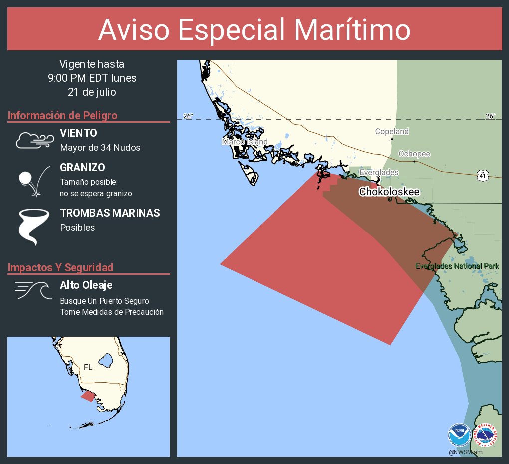 NWSMiami's tweet image. Aviso Especial Marítimo incluye Aguas costeras desde el Este Cabo Sable hasta Chokoloskee hasta 20 MN y Aguas costeras desde Chokoloskee hasta Playa Bonita hasta 20 MN hasta las 9:00 PM EDT