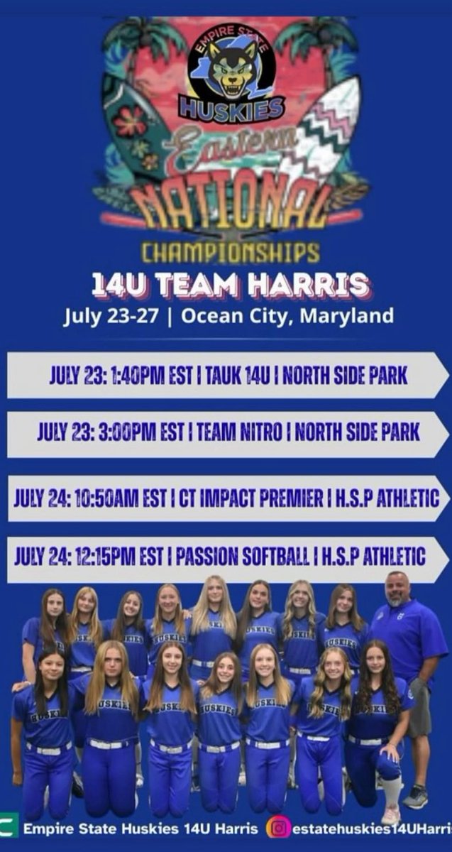 Empire State Huskies 14U Harris (@esh14uharris) on Twitter photo Our last Tournament of the Season. Let’s finish 💪 Follow along on GameChanger at the 14U Eastern National Championships in Ocean City, MD <a href="/USSSA/">USSSA</a> <a href="/EStateHuskies/">Empire State Huskies</a> <a href="/Johnknopf10/">John Knopf</a> <a href="/CoachPenny_OLY/">Penny Rosario Roberts</a> #GDTBAH 🥎 🐾 Our last Tournament of the Season. Let’s finish 💪 Follow along on GameChanger at the 14U Eastern National Championships in Ocean City, MD <a href="/USSSA/">USSSA</a> <a href="/EStateHuskies/">Empire State Huskies</a> <a href="/Johnknopf10/">John Knopf</a> <a href="/CoachPenny_OLY/">Penny Rosario Roberts</a> #GDTBAH 🥎 🐾