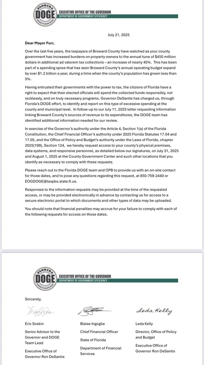 GovGoneWild's tweet image. WE’RE NOT WASTING ANY TIME!
I promised taxpayers I would audit local governments and protect their tax dollars.
Tonight in my role as CFO, in conjunction with @DOGEFla and the @GovRonDeSantis administration, we sent these 7 page letters to Gainesville and Broward County…