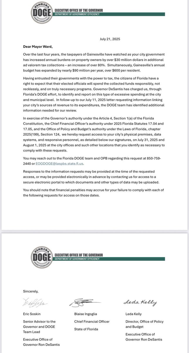 GovGoneWild's tweet image. WE’RE NOT WASTING ANY TIME!
I promised taxpayers I would audit local governments and protect their tax dollars.
Tonight in my role as CFO, in conjunction with @DOGEFla and the @GovRonDeSantis administration, we sent these 7 page letters to Gainesville and Broward County…