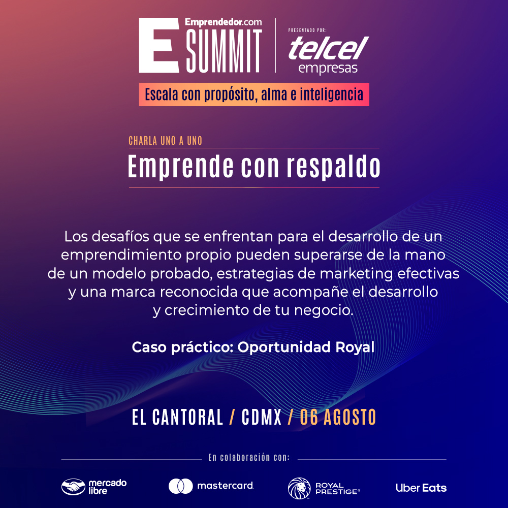 Emprende con respaldo.
Supera los retos de emprender… con un modelo probado, una marca sólida y estrategias que funcionan.
 Conoce el caso de #OportunidadRoyal en esta charla uno a uno con, #JuanCarlosFranco y #JuanDelCerro.
 
 Regístrate: summit.emprendedor.com