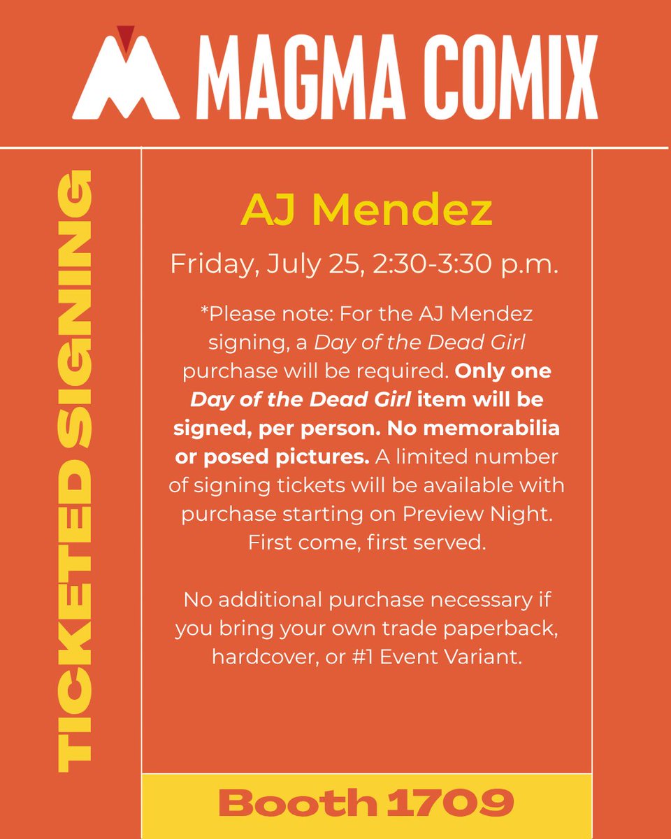 MagmaComix's tweet image. Our @Comic_Con signing schedule!
Come meet Magma creators @TheAJMendez @TonyFleecs @VonGormanArt @MeganHuang5 @JacksonLanzing @cpkelly @CanIGetanEamon @dentontipton and more at booth 1709!