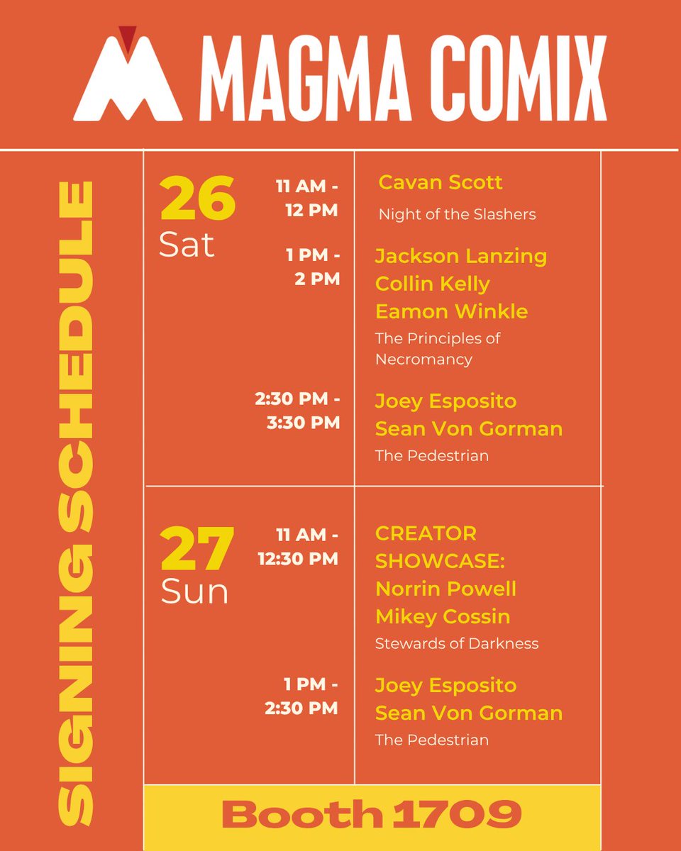 MagmaComix's tweet image. Our @Comic_Con signing schedule!
Come meet Magma creators @TheAJMendez @TonyFleecs @VonGormanArt @MeganHuang5 @JacksonLanzing @cpkelly @CanIGetanEamon @dentontipton and more at booth 1709!