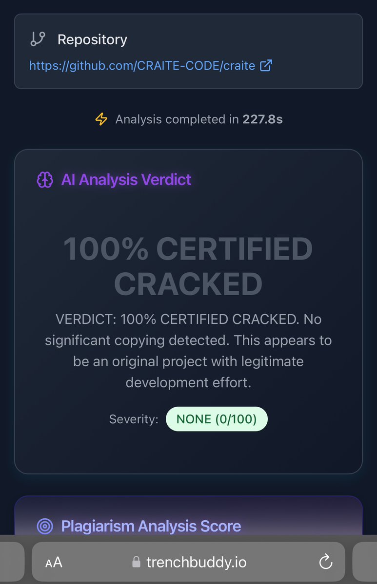 x_SHRED_x's tweet image. Guys I dunno anything about this project yet but I ran the Craite GitHub through @TrenchBuddy and it came back 100% legit, not a larp, not a scam. Someone more technically minded than me can explore the report here: trenchbuddy.io/plagiarism/c86…