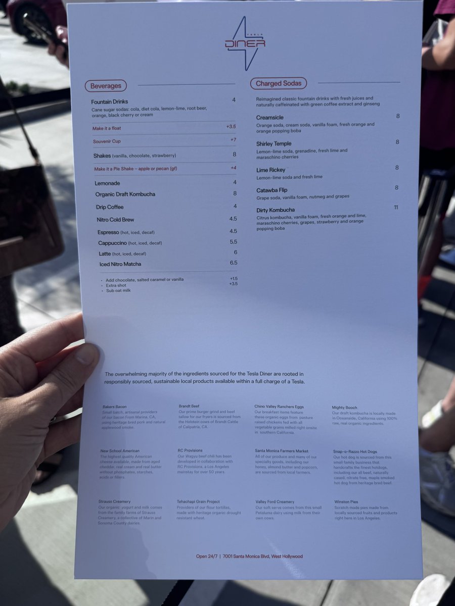 chattybird0306's tweet image. Full menu at the Tesla diner. They are giving out drinks and ice cream as well.