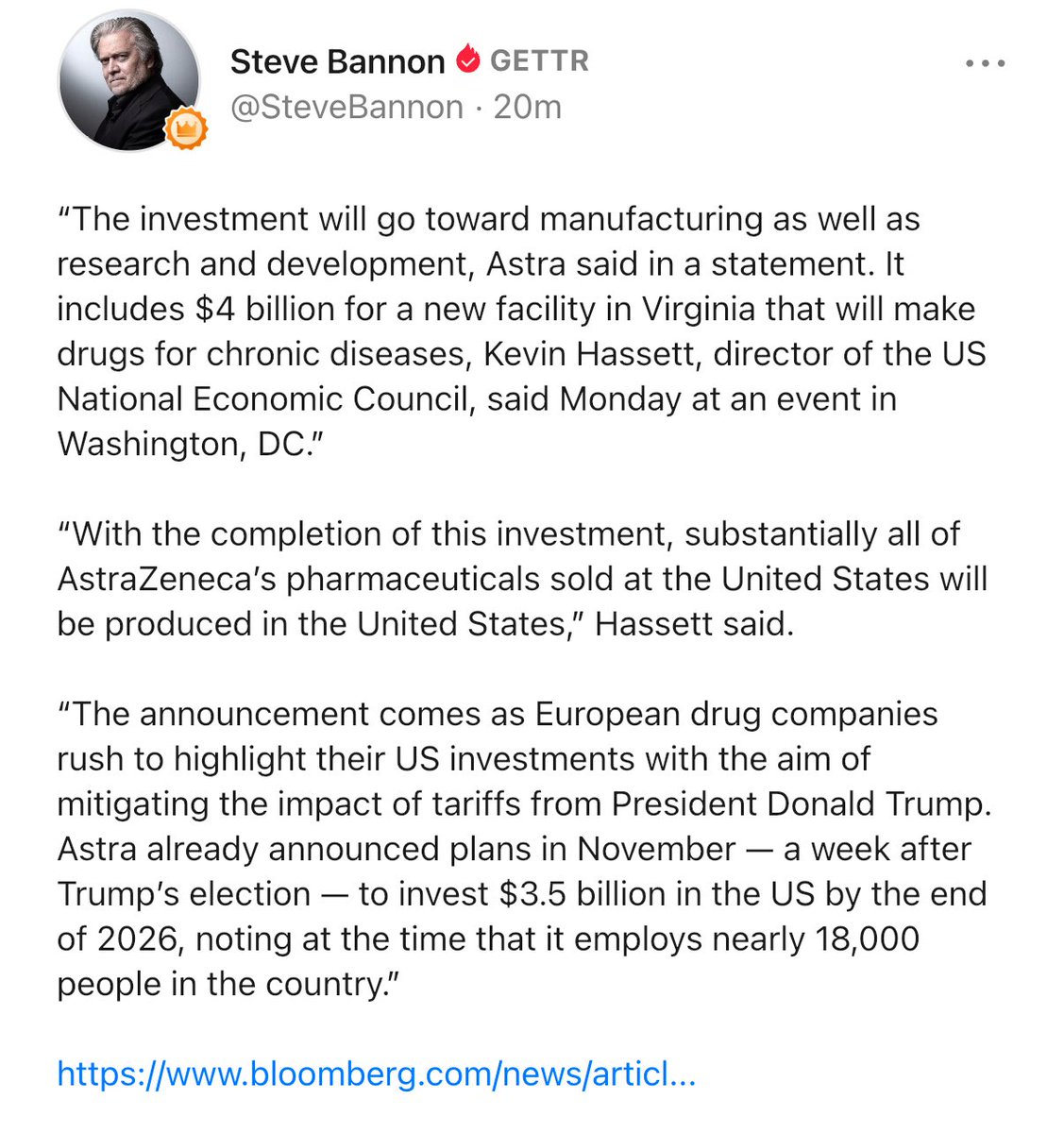 gc22gc's tweet image. “The investment will go toward manufacturing as well as research and development, Astra said in a statement. It includes $4 billion for a new facility in Virginia that will make drugs for chronic diseases, Kevin Hassett, director of the US National Economic Council, said Monday…