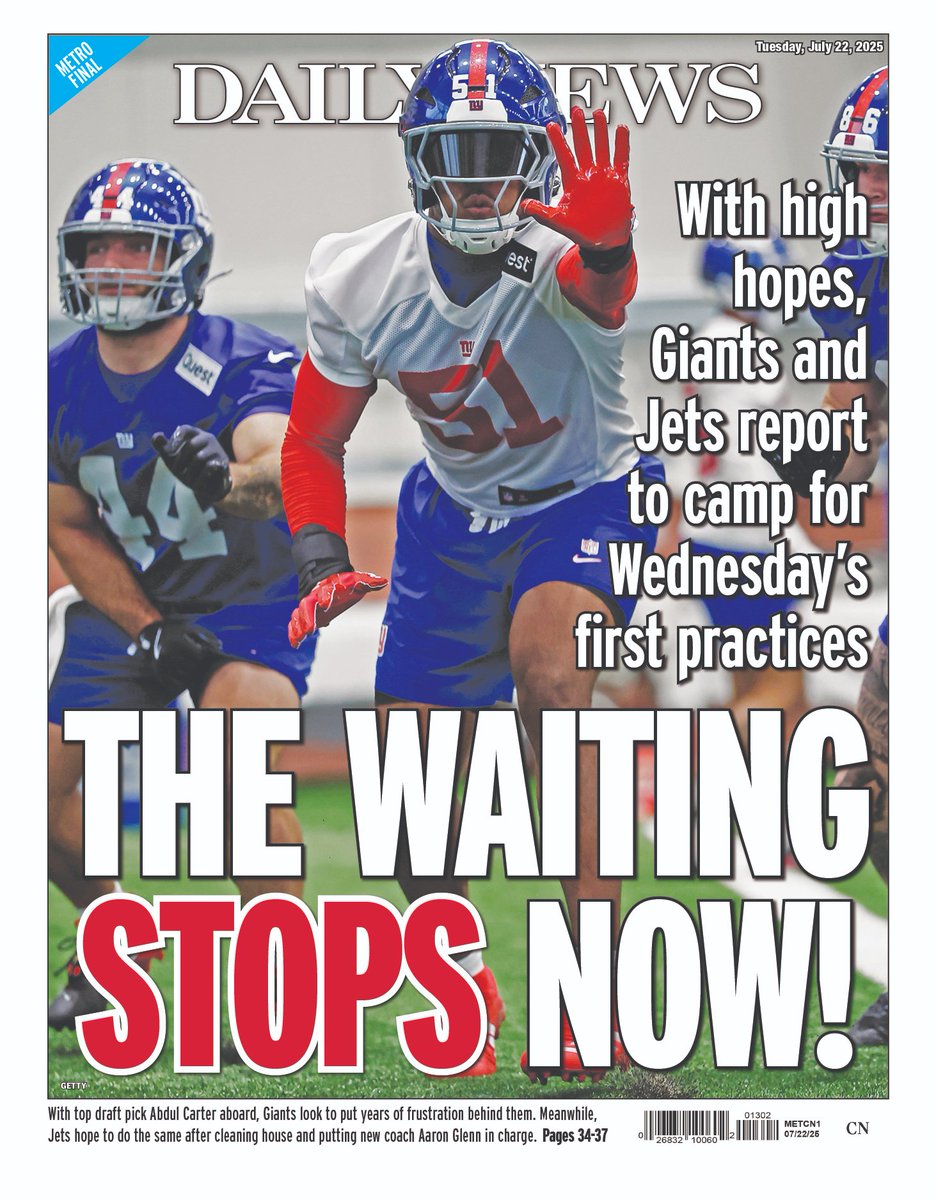 BackPageGuyNYDN's tweet image. Here's our early @nydnsports back page, with #yankees and #mets to come. @Giants @nfl @nflnetwork @APSE_sportmedia
nydailynews.com/2025/07/21/jax…
