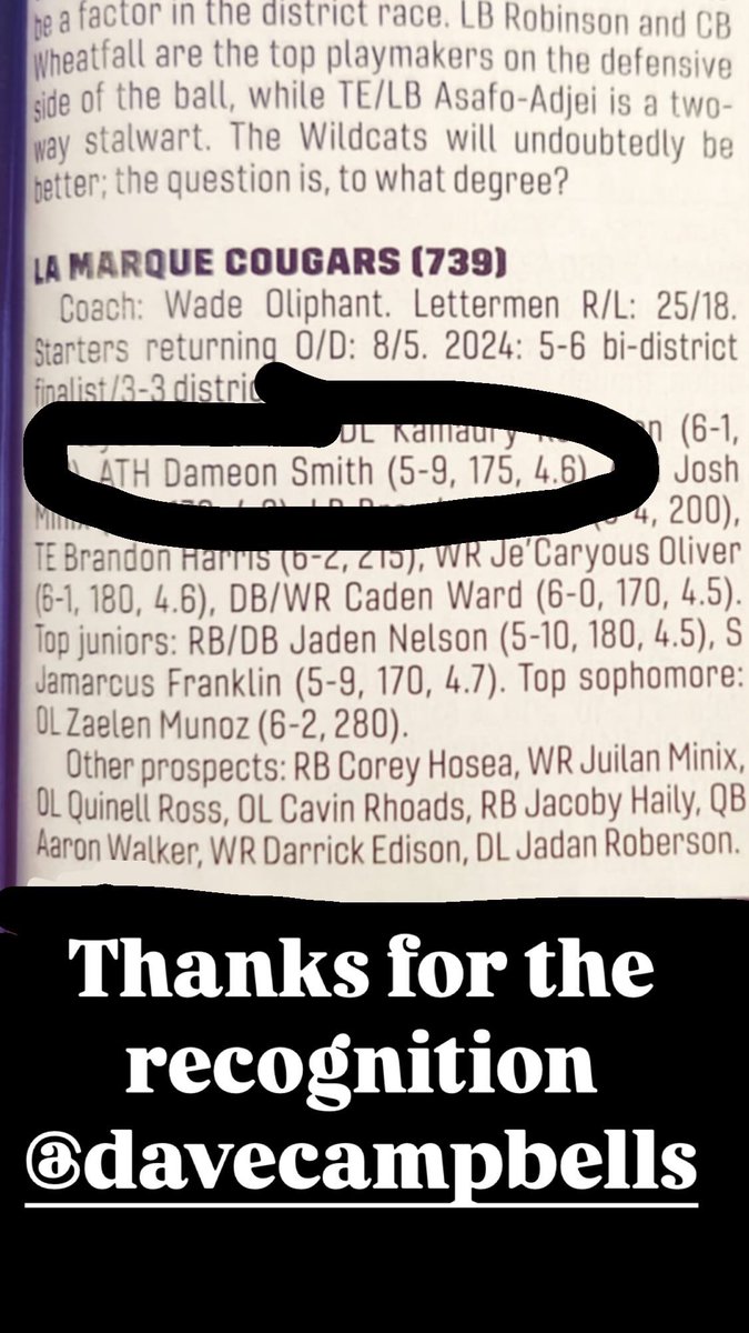 Dameon Smith jr (@sayyyyy5_) on Twitter photo Thanks for the recognition @davecampbells <a href="/DAB_CoachB/">DAB_ CoachB</a> <a href="/LM_CoogFootball/">La Marque Cougar Football</a> <a href="/CoachWard16/">Clarence Ward</a> <a href="/AggieFootball/">Texas A&M Football</a> sophomore season loading⏳#coogs #backwithapurpose Thanks for the recognition @davecampbells <a href="/DAB_CoachB/">DAB_ CoachB</a> <a href="/LM_CoogFootball/">La Marque Cougar Football</a> <a href="/CoachWard16/">Clarence Ward</a> <a href="/AggieFootball/">Texas A&M Football</a> sophomore season loading⏳#coogs #backwithapurpose