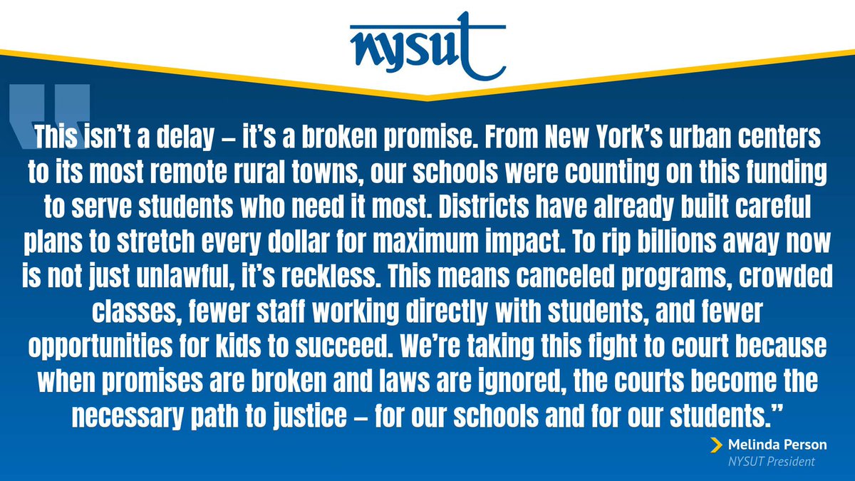 nysut's tweet image. NYSUT President @MelindaJPerson released a statement following the announcement that NYSUT is a plaintiff in a lawsuit suing over billions in blocked federal funding.
Learn more: nysut.org/news/2025/july…