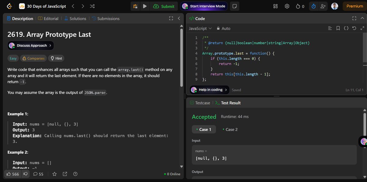 Ayusshs16's tweet image. 🚀 Day 22/30 - #30DaysofJavaScript
Today I enhanced all arrays with a .last() method using JavaScript&apos;s prototype!
Now [1, 2, 3].last() gives 3 and [].last() gives -1 ✨
Loving how powerful JavaScript can be! 💻🔥
#JavaScript #Coding #LeetCode #100DaysOfCode