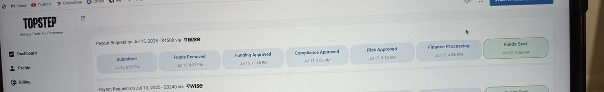 ktran55's tweet image. Dang, anyone else getting their payouts?
Funds sent 7/17, still haven’t received it yet via wise. I am starting to think this is a wise issue, and not a topstep.