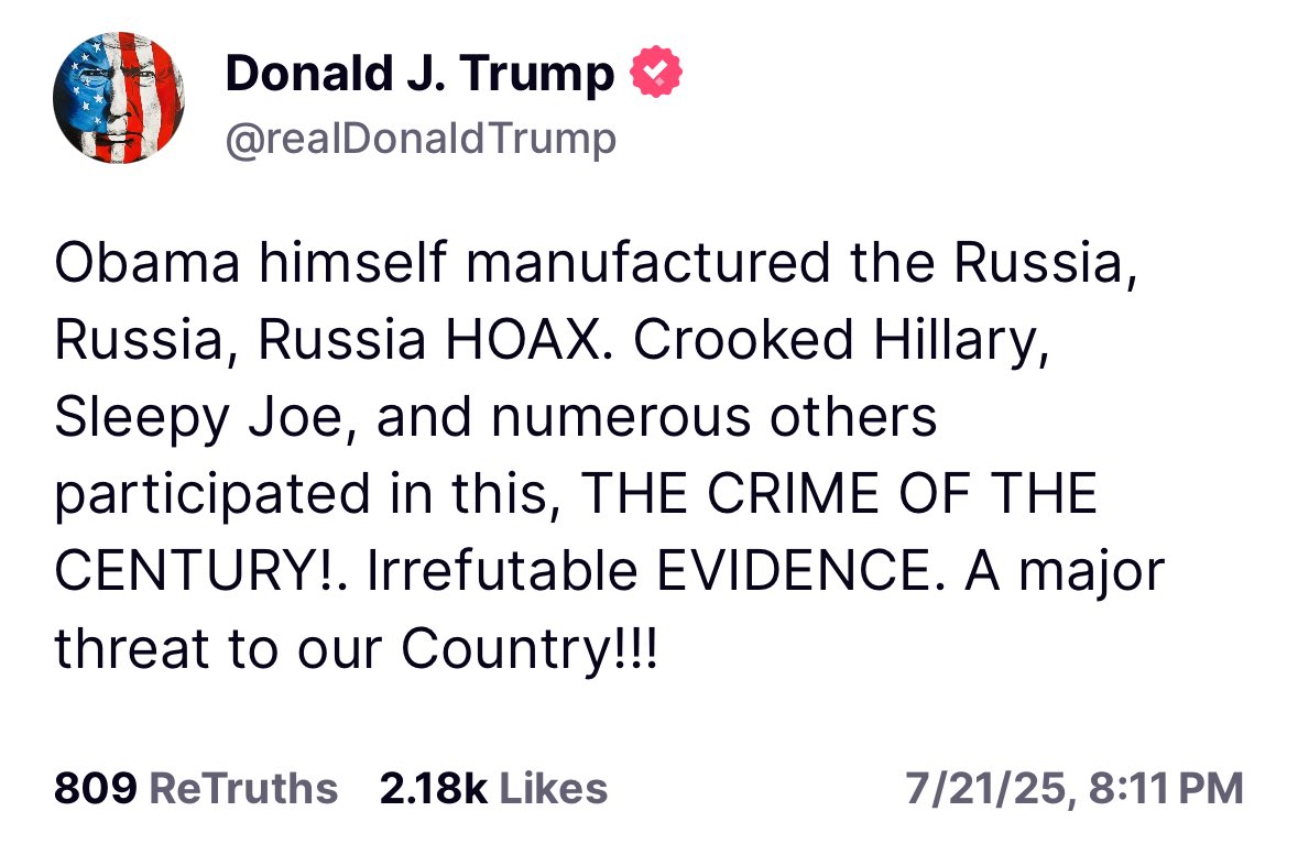 WarClandestine's tweet image. Trump is not backing down. 👀
He calls out Obama, Clinton, Biden, and the rest of their corrupt cabal.
Trump claims to have “Irrefutable EVIDENCE”.
Trump continues to normalize the reality that Obama and his cohorts were engaged in a treasonous conspiracy.