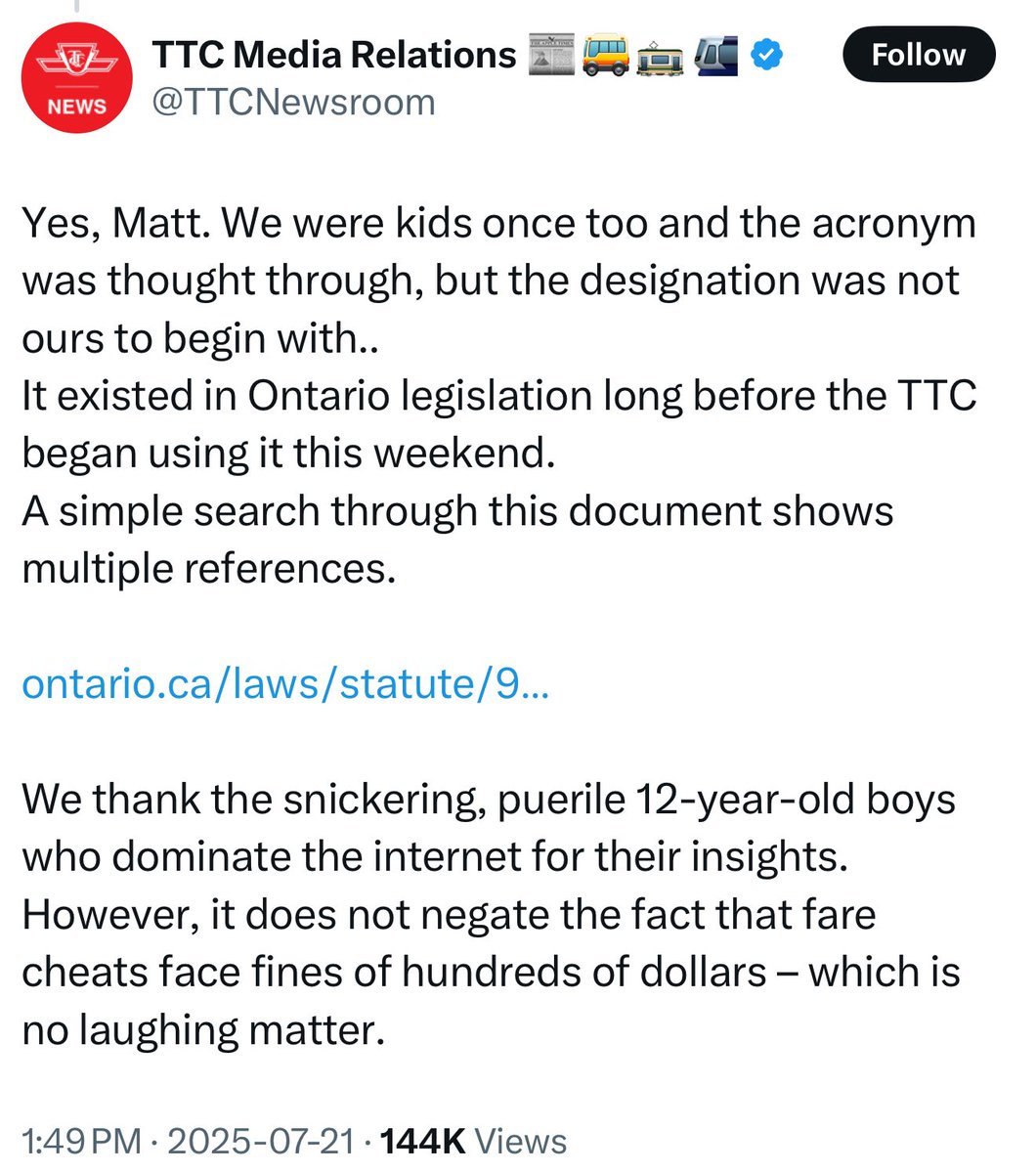 MikeBeauvais's tweet image. I dunno, if I were the TTC and just relaunched my universally reviled fare inspector program under the acronym “POO,” I probably wouldn’t be a joyless red ass about it.