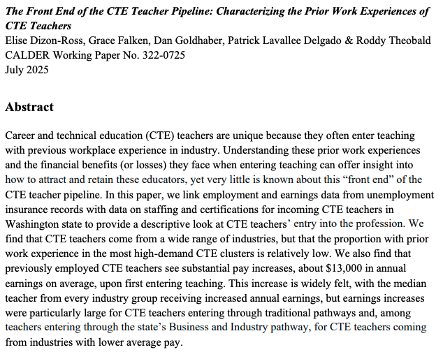 caldercenter's tweet image. What career paths do CTE teachers take before entering the classroom? NEW CALDER working paper analyzes WA state employment records and teacher staffing data to understand the "front end" of the CTE pipeline. Learn more: bit.ly/4164PNv