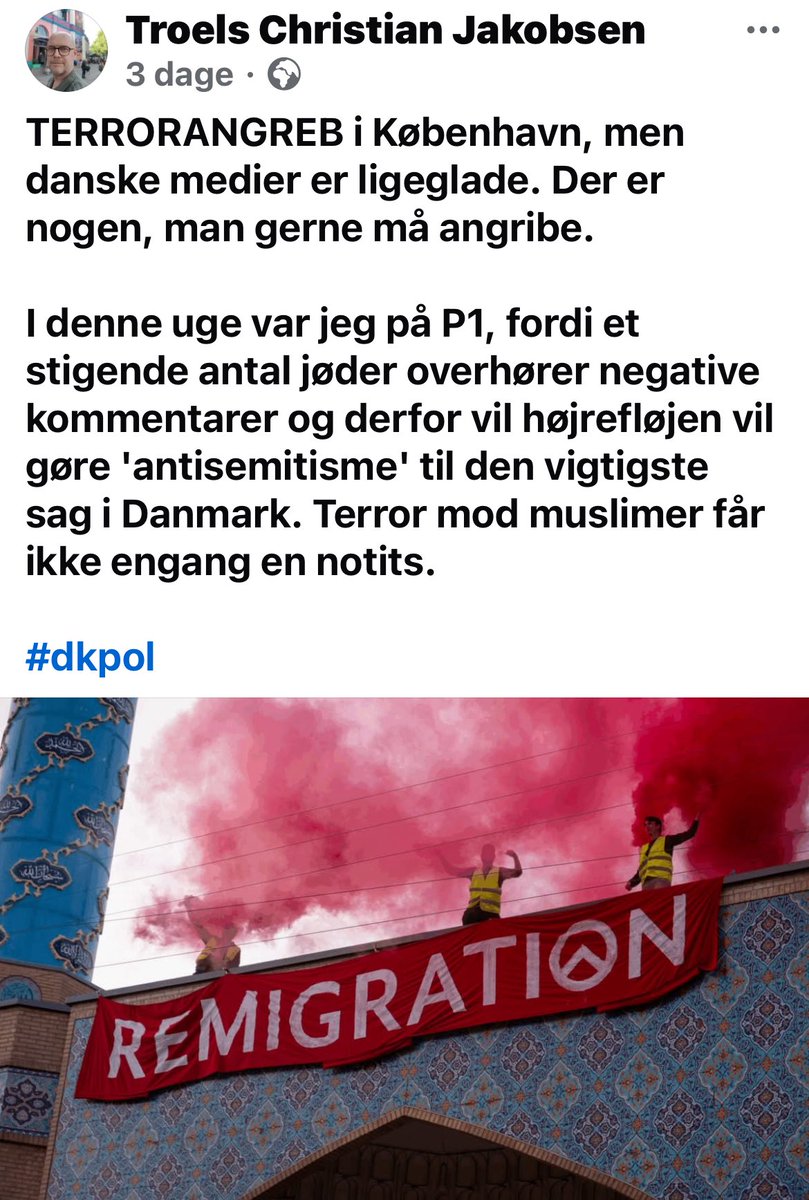 npravn's tweet image. Terror?
Jeg elsker dette opslag fra Alternativets @tcjakobsen :
Forleden sagde han på DR’s P1, at jøder ikke kan forvente særstatus i indsatsen imod diskrimination bare pga af Holocaust.
Nu er det så “terror”, at nogle højreorienterede unge klatrer rundt på taget af iransk…