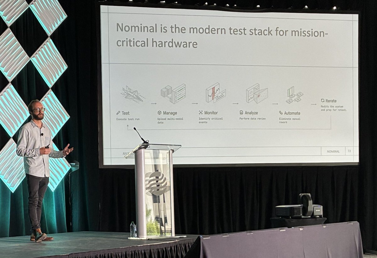 Nominal_io's tweet image. Achieving our industrial goals doesn't just mean more assembly lines.
We need to scale faster. We need to re-think the hardware test stack.
Last week, Nomineers @CameronLMcCord and Stephen Slattery took the headline stage at @reindsummit in Detroit to present Nominal's vision…