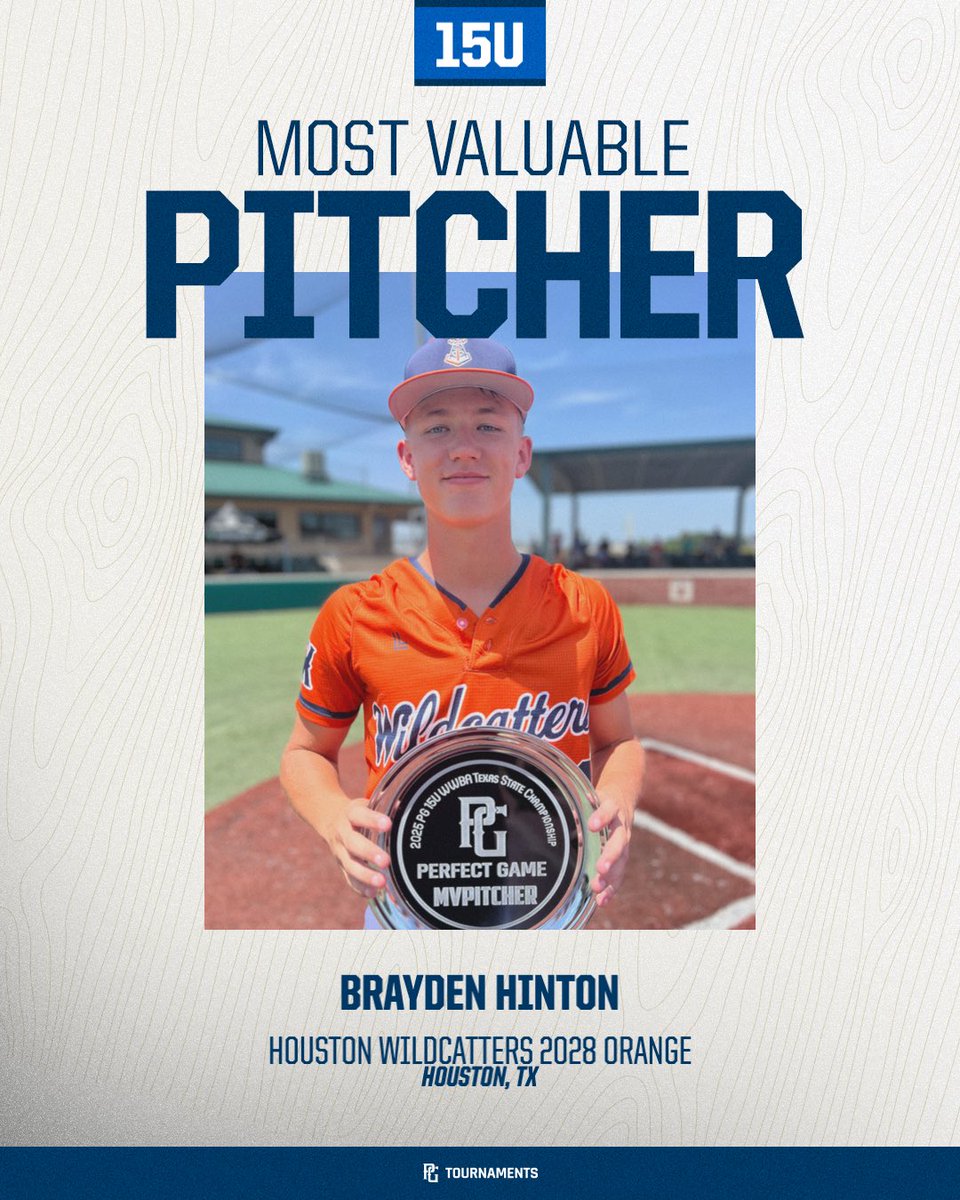 2025 15U PG WWBA Texas State Championship 🏆
🥇 Champion: Houston Wildcatters 2028 Orange
🥈 Finalist: Lonestar Baseball Club - National 2028
🏅 MVP: Will Siddons
🏅 MVPitcher: Brayden Hinton