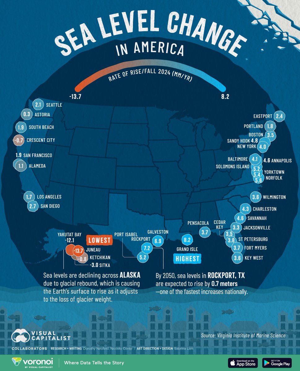 VisualCap's tweet image. The Fastest Rising and Falling Sea Levels in America 🌊
visualcapitalist.com/fastest-rising…