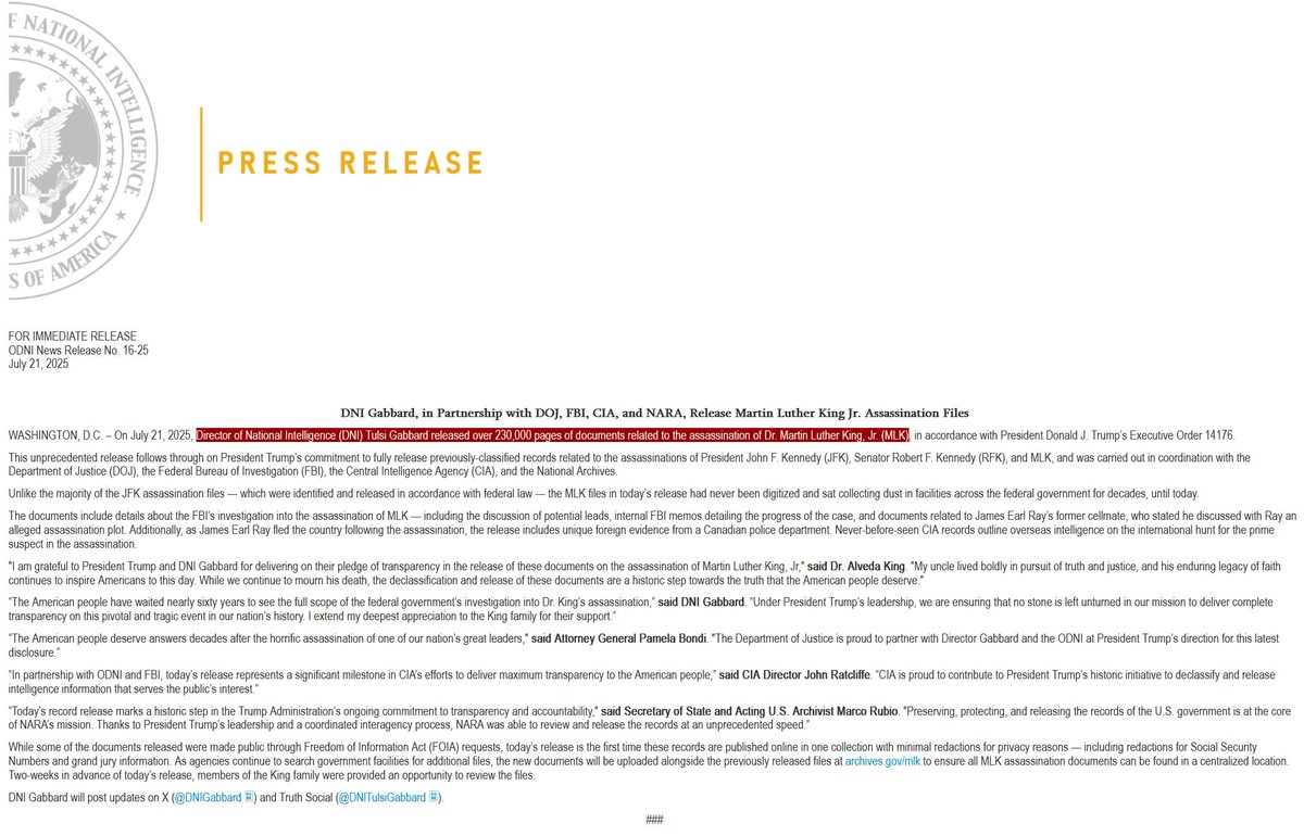 charliekirk11's tweet image. 🚨BREAKING: DNI Tulsi Gabbard, under the direction of President Trump, has just released over 230,000 pages of documents on the assassination of MLK Jr.
dni.gov/index.php/news…