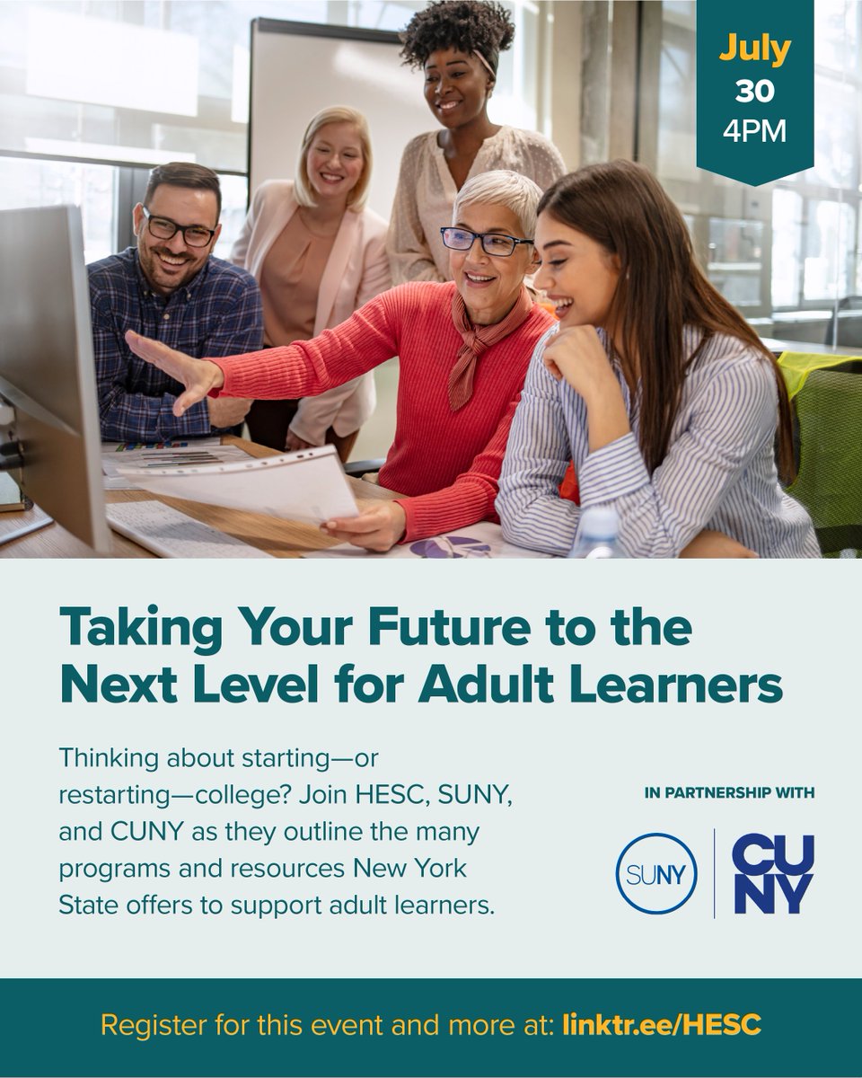 NYSStudentAid's tweet image. Adult Learners‼️
Join HESC, @SUNY, and @CUNY for a walkthrough designed specifically for adult learners. We’ll spotlight a wide range of flexible degree programs tailored to fit busy schedules and evolving career needs, while also breaking down financial aid options.