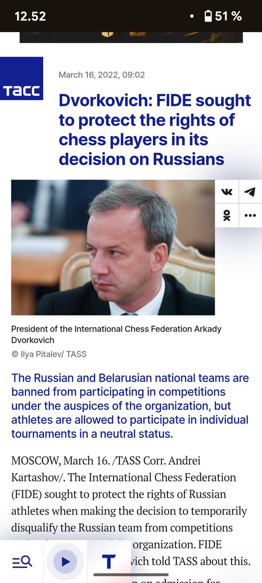 PHChess's tweet image. FIDE President @advorkovich
said he is proud to be a Russian 🇷🇺 citizen.
A reasonable question would be if he is proud of Russia's behaviour, sending missiles into densively populated Ukrainian 🇺🇦 cities killing civilians.
Its shameful.
tass.ru/sport/14093437