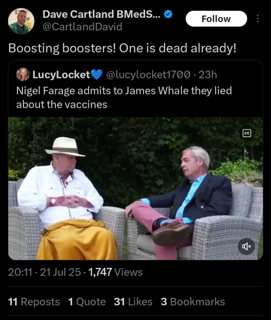 jneill's tweet photo. Both Nigel Farage and James Whale are still alive. Very sadly James Whale has terminal cancer, diagnosed BEFORE the pandemic, and Covid vaccinations.
@CartlandDavid is a #LiedSuddenly GHOUL https://t.co/GZdR73HDmI