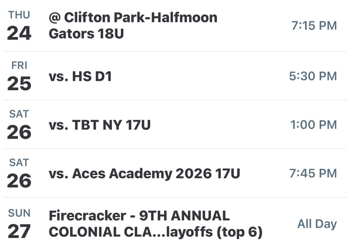Last Tournament for the 18U:
Westchester Firecracker
Thursday and Saturday @ Purchase College and Friday @ Iona/Flowers Field.