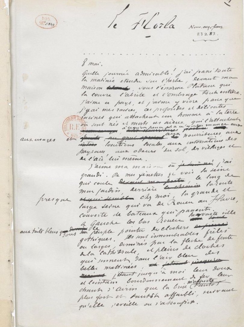 LucianoWrial's tweet image. Manuscrito de la primera página del relato "El Horla" (1887), de Guy de Maupassant, conservado en la Biblioteca Nacional de Francia.