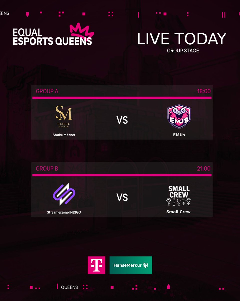 PROJECT V (@projectvgg) on Twitter photo 👑Letzter Spieltag vor den Playoffs!👑
Heute entscheidet sich, wer’s in die nächste Phase schafft - Spannung garantiert in der #EQUALESPORTS Queens Pro Series! 💥
18:00 – Starke Männer vs. <a href="/Emus_Vlr/">EMUS</a>
21:00 – <a href="/SZG_esport/">Streamerzone Esports</a> Indigo vs. Small Crew
🎙️ Cast: <a href="/alinahailee/">alina | tänk</a> & <a href="/Akamask_/">Patrick Decker/Akamask 🐬</a>
🎥 👑Letzter Spieltag vor den Playoffs!👑
Heute entscheidet sich, wer’s in die nächste Phase schafft - Spannung garantiert in der #EQUALESPORTS Queens Pro Series! 💥
18:00 – Starke Männer vs. <a href="/Emus_Vlr/">EMUS</a>
21:00 – <a href="/SZG_esport/">Streamerzone Esports</a> Indigo vs. Small Crew
🎙️ Cast: <a href="/alinahailee/">alina | tänk</a> & <a href="/Akamask_/">Patrick Decker/Akamask 🐬</a>
🎥