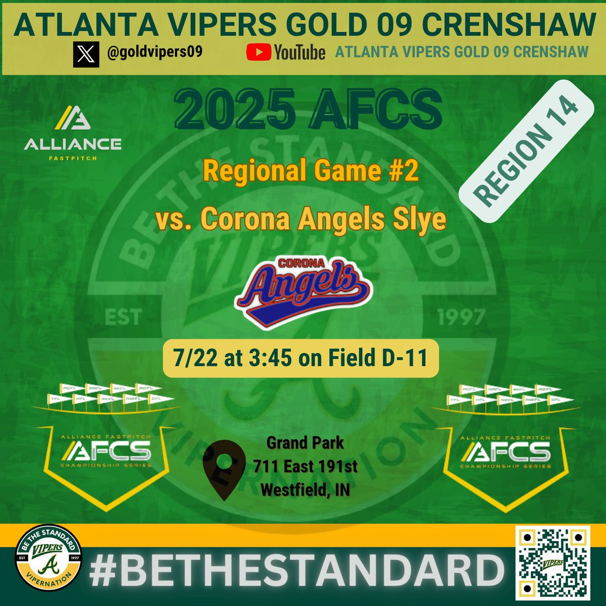 Atlanta Vipers Gold ‘09 - Crenshaw (@goldvipers09) on Twitter photo Big win in game 1 today here at AFCS! ✅
Timely hitting and an excellent, complete game pitched by our <a href="/AddisonHawks_/">Addison Hawks</a> led to a 6-1 win against a great Top Gun National squad.
Game 2 of Regionals at 3:45 tomorrow at Grand Park! 🐍🐍
#represent
#BeTheStandard Big win in game 1 today here at AFCS! ✅
Timely hitting and an excellent, complete game pitched by our <a href="/AddisonHawks_/">Addison Hawks</a> led to a 6-1 win against a great Top Gun National squad.
Game 2 of Regionals at 3:45 tomorrow at Grand Park! 🐍🐍
#represent
#BeTheStandard