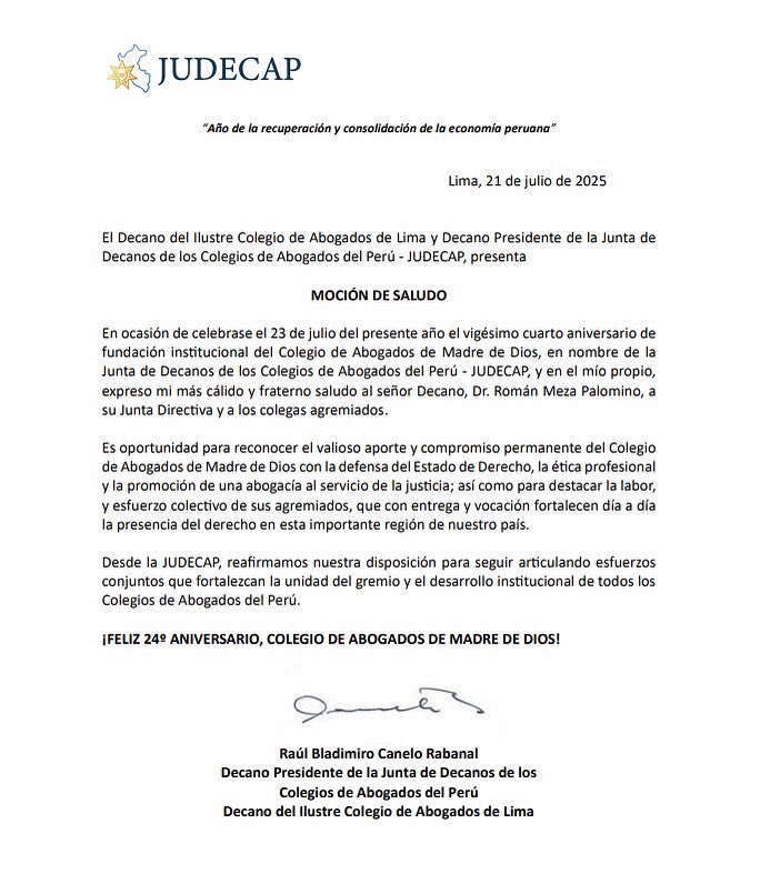 JUDECAP_OFICIAL's tweet image. 🔵📣 En nombre de la Junta de Decanos de los Colegios de Abogados del Perú – JUDECAP, expresamos nuestro más cálido y fraterno saludo al Ilustre Colegio de Abogados de Madre de Dios al conmemorarse un nuevo aniversario de su fundación institucional.

⚖️ ¡Feliz 24.º aniversario!