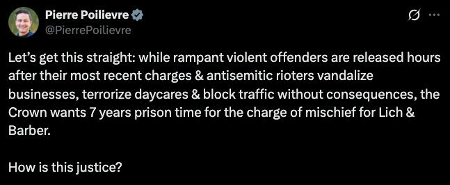 elie_mcn's tweet image. NEW: Pierre Poilievre SLAMS prosecutors for wanting jail for Tamara Lich.
"Rampant violent offenders are released hours after their most recent charges & antisemitic rioters vandalize businesses, terrorize daycares & block traffic without consequences."
"How is this Justice?"
