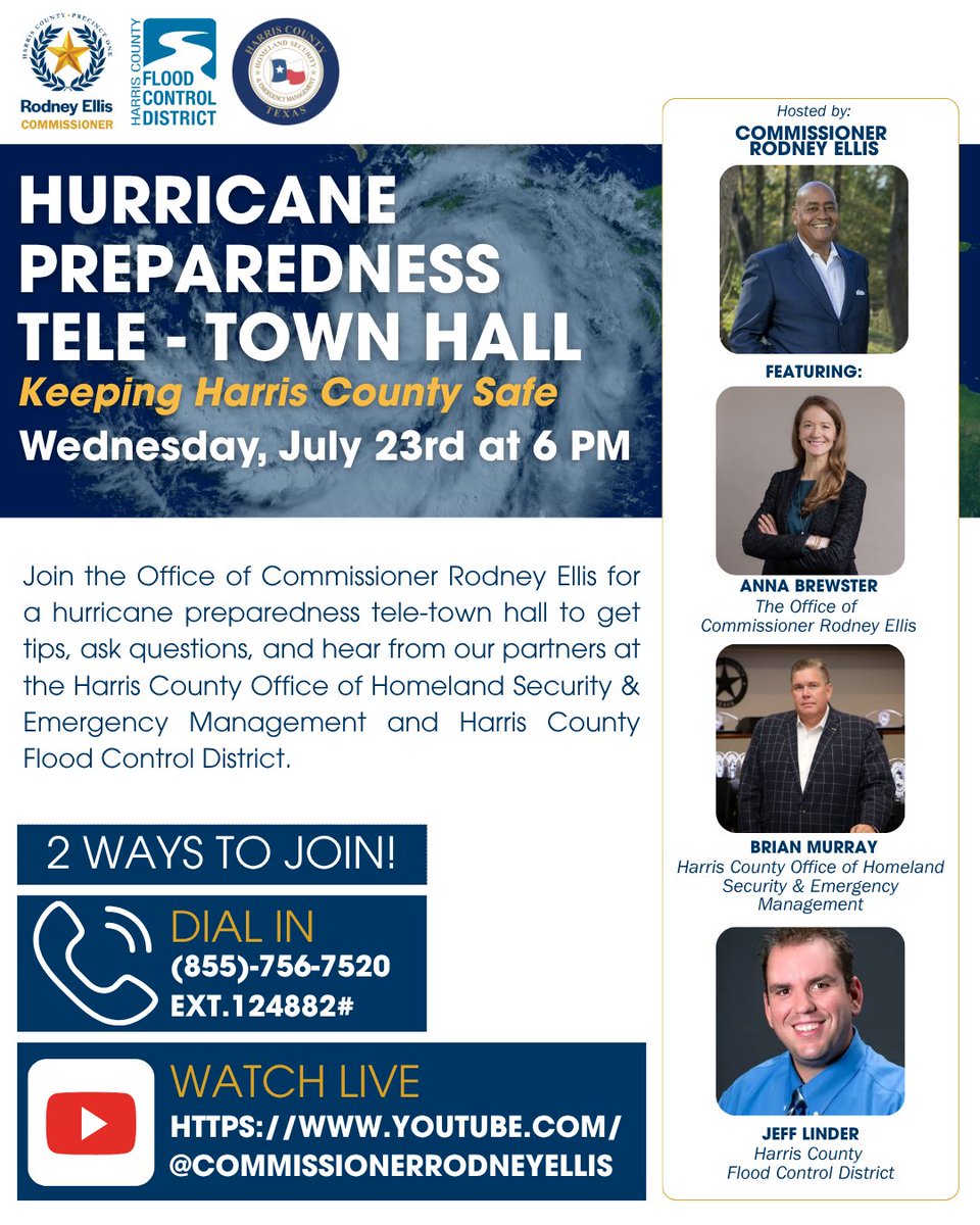 Rodney Ellis (@rodneyellis) on Twitter photo Harris County, we're doing our part to help you prepare for hurricane season.
Join us for a live conversation with Brian Murray from <a href="/ReadyHarris/">Office of Homeland Security & Emergency Management</a>, Jeff Linder with <a href="/hcfcd/">Harris County Flood Control District</a>, and <a href="/hcpct1/">Office of Harris County Commissioner Rodney Ellis</a>'s very own Anna Brewster.
🗓️ Wednesday, July 23rd
🕕 6:00 – 7:00 PM
Two ways to join:
📞 Dial Harris County, we're doing our part to help you prepare for hurricane season.
Join us for a live conversation with Brian Murray from <a href="/ReadyHarris/">Office of Homeland Security & Emergency Management</a>, Jeff Linder with <a href="/hcfcd/">Harris County Flood Control District</a>, and <a href="/hcpct1/">Office of Harris County Commissioner Rodney Ellis</a>'s very own Anna Brewster.
🗓️ Wednesday, July 23rd
🕕 6:00 – 7:00 PM
Two ways to join:
📞 Dial