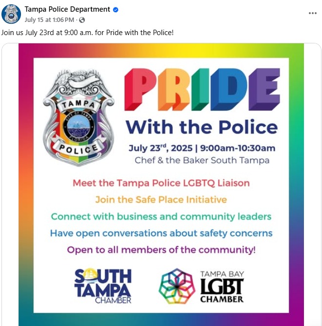 libsoftiktok's tweet image. Tampa Police Department (@TampaPD) is promoting an LGBTQ Pride event to meet with their "LGBTQ Liaison."
This is what your tax dollars are being spent on.