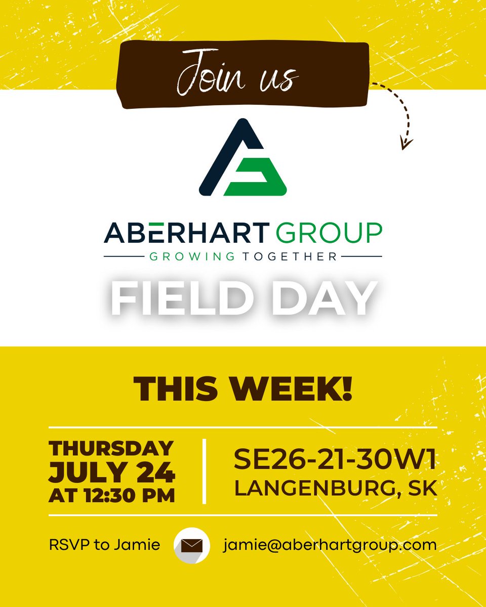 We're hosting the Aberhart Group Field Day! Join us Thurs., July 24, to hear from: MNP Agronomy, <a href="/crop_aid/">Crop Aid Nutrition</a>, Bio-Sul Premium Plus, PADCOM
✉️ RSVP to jamie@aberhartgroup.com.

<a href="/aberhartag/">Aberhart Ag Solutions</a> <a href="/GFL_Ag/">GFL Ag</a> <a href="/PrairieDome/">Prairie Dome</a> <a href="/GTFPC/">GrowingTheFutureProductions</a>
#FieldDay #AgLearning #GrowingTogether #GrowingOurFuture