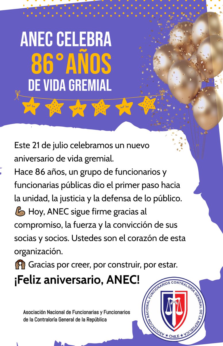 🎉 ANEC cumple 86 años de vida gremial.

Gracias a nuestras socias y socios por ser el motor que nos impulsa a seguir defendiendo lo público y nuestros derechos.

¡Feliz aniversario! 💪🏽

Revisa el saludo en anec.cl/noticias2025/s…